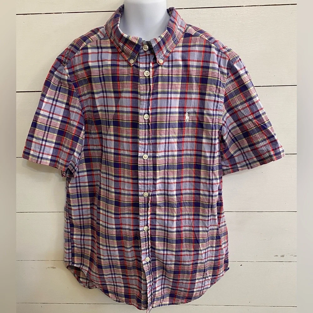 Ralph‎ Lauren Polo Boy’s Sz L (14-16) Plaid Cotton Oxford Short Sleeve Shirt